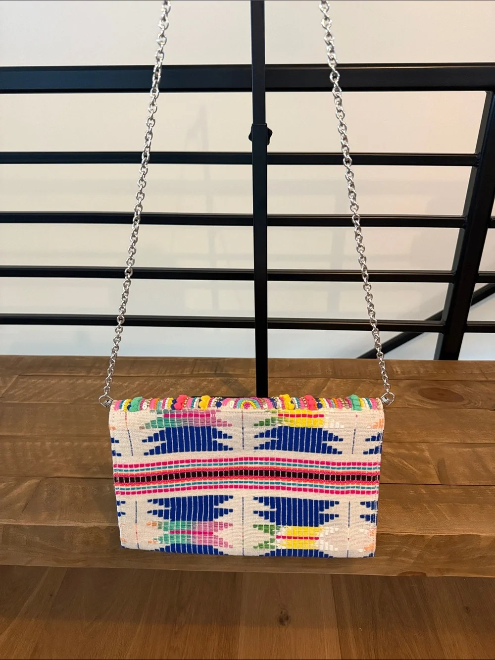 Multicolor Beaded Crescent-Pattern Clutch with Chain Strap